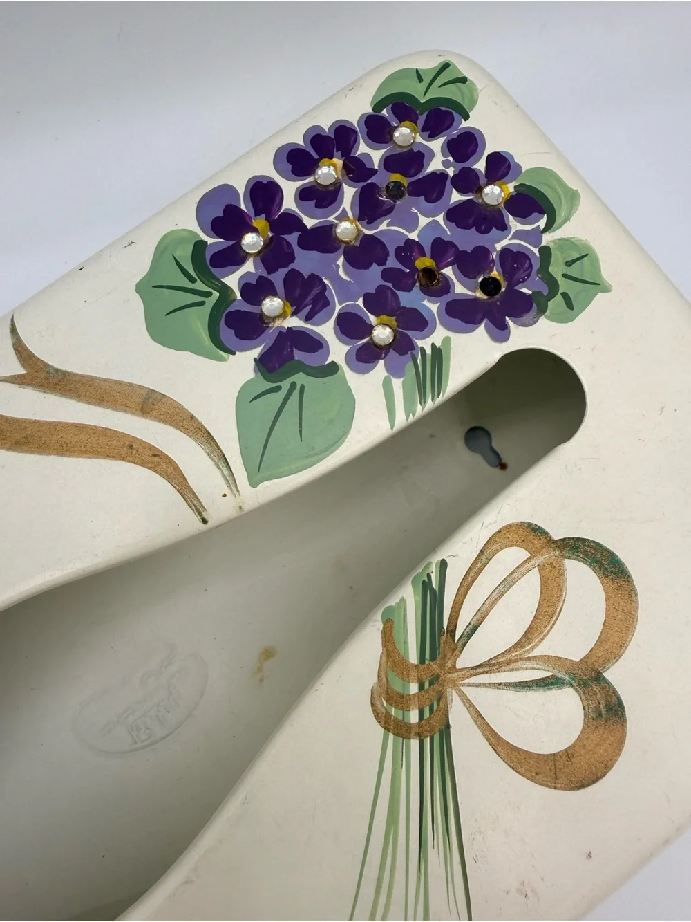 Vtg Mid Century Metal Tissue Box Holder Hand Painted Purple Floral Cottagecore